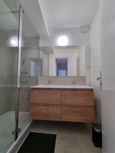 une salle de bain avec une baignoire, une douche et un lavabo dans l'établissement Le Bigourdan - 3 Chambres, à Tarbes