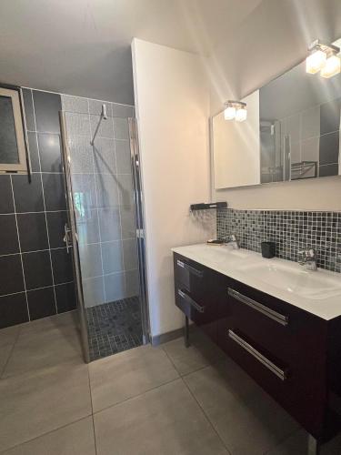 une salle de bain avec un lavabo et une douche dans l'établissement New Le Farnienté, à Bandol