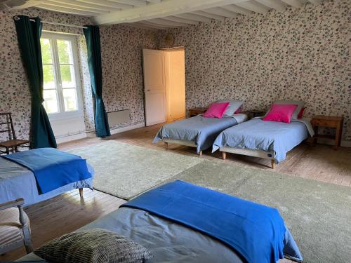 une chambre avec deux lits avec des oreillers bleus et roses dans l'établissement Maison spacieuse entre Bois Mer et Marais, à Canchy