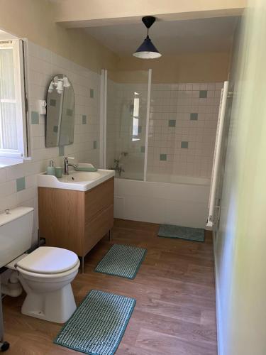 une salle de bain avec toilettes, lavabo et baignoire dans l'établissement Maison spacieuse entre Bois Mer et Marais, à Canchy