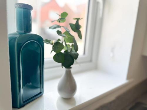 a vase with a plant and a bottle on a window sill at Chestnut House by Blue Skies Stays in Middlesbrough