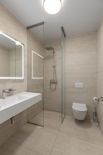 a bathroom with a shower and a sink and a toilet at Roze Village Jūrnieka Ligzda in Pērkone