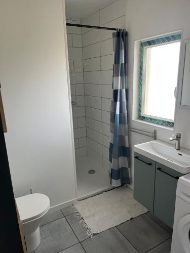 une salle de bain avec une douche, un lavabo et des toilettes dans l'établissement L'écrin du Bonheur, à Saint-Bardoux