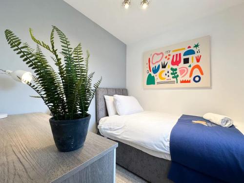 a potted plant sitting on a table in a bedroom at Ayresome House By Blue Skies Stays in Middlesbrough