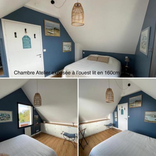 a bedroom with blue walls and a room with a bed at Ty Glazu Doelan espace 60m2, Port& criques à pied, 2 chambres privées au 1er étage, SDB, WC séparé in Clohars-Carnoët
