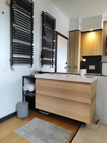 a bathroom with a large sink and a mirror at Visit Poznan in Dąbrówka