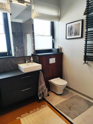 a bathroom with a sink and a toilet at Visit Poznan in Dąbrówka