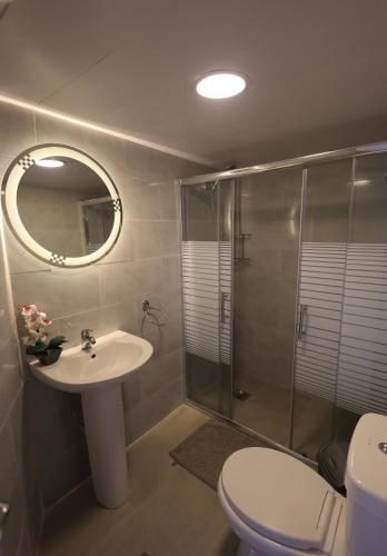 a bathroom with a toilet and a sink and a shower at Nomaddome Glamping Hotel in Mishmish