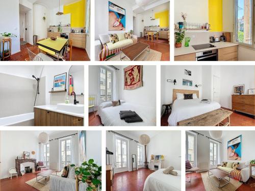 un collage de quatre photos d'une pièce dans l'établissement Casa Yellow au coeur du Camas - Central & Lumineux - Les Frères de la Loc', à Marseille