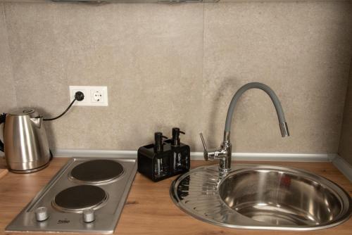 a kitchen counter with a sink and a stove at Kuća na ušću in Olovo