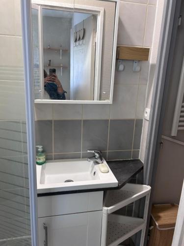 a person taking a picture of a bathroom sink at Romania in Châteauroux