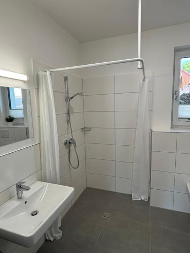 a white bathroom with a shower and a sink at Appartement Sonnenblume in Spangenberg