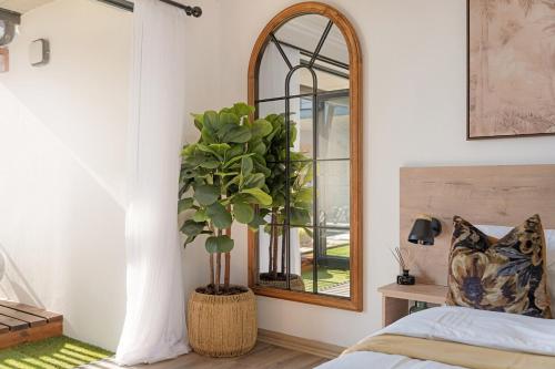 a bedroom with a mirror and a potted plant at Cozy Nest on White Soil! in Cape Town
