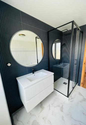 une salle de bain avec un lavabo blanc et un miroir dans l'établissement Charmant appartement avec terrasse entre centre-ville et plages de Concarneau, à Concarneau