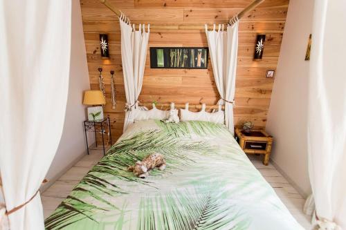 un chien allongé sur un lit dans une chambre dans l'établissement Maison landaise, à Biscarrosse