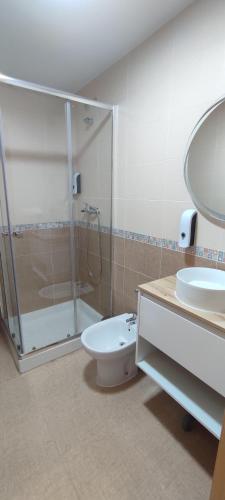 a bathroom with a shower and a toilet and a sink at Magnifico apartamento de playa in Moncófar