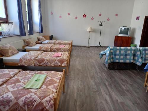 a room with four beds and a tv in it at Mandala Vendégház és Energiapark in Lispeszentadorján