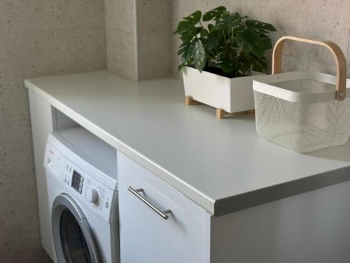 a laundry counter with a washing machine and a plant at Stunning Seaview Apartment in Mati, Nea Makri in Nea Makri