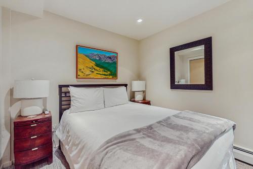 a bedroom with a large bed and a mirror at Chic Condo Unit 1 in Aspen