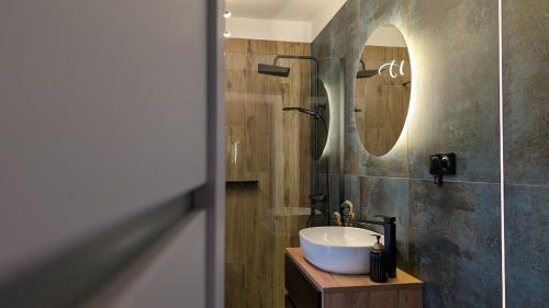 un bagno con lavandino e specchio di Sosnowy Raj Borsk a Borsk