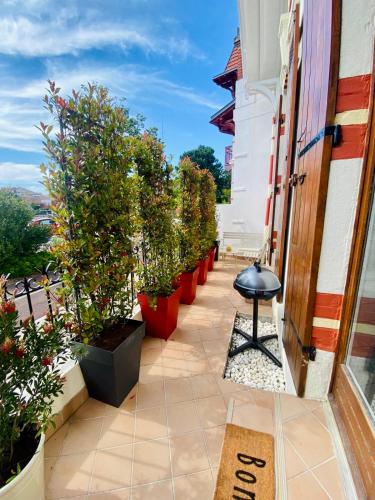 a row of potted plants on a balcony at Villa Salve Maria, proche plage et centre ville, ménage et draps compris in Arcachon
