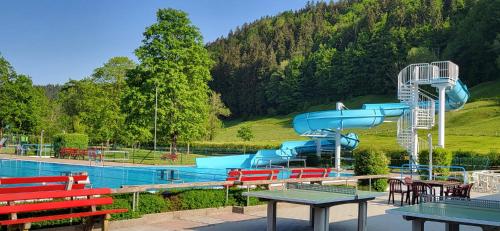 a water park with a slide and a pool at Bergchalet mit Pool und Sauna in Missen-Wilhams
