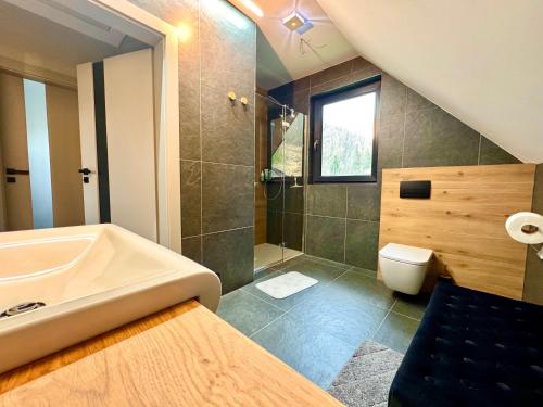 a bathroom with a sink and a shower and a toilet at Villa Szczawnica in Szczawnica
