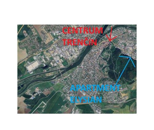 a map of a city with a red arrow and the words confinement therapy and adjustment at Elysian apartment 1 in Trenčín