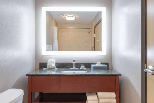 a bathroom with a sink and a mirror at La Quinta by Wyndham Woodway - Waco South in Waco