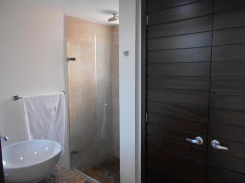a bathroom with a shower and a sink and a toilet at Laureles penthouse, jacuzzi-rooftop fun in the sun in Medellín