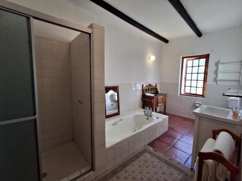 a bathroom with a tub and a shower and a sink at Schalkenbosch Heritage Cottages in Tulbagh