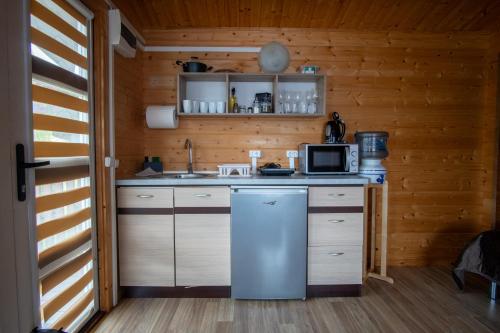 a kitchen with a refrigerator and a microwave at Atpūtas mājiņas Kolkā- Madaras un Rota in Kolka