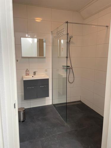 une salle de bain avec une douche en verre et un lavabo dans l'établissement Nieuw gebouwd appartement op paarden bedrijf, à Buitenpost