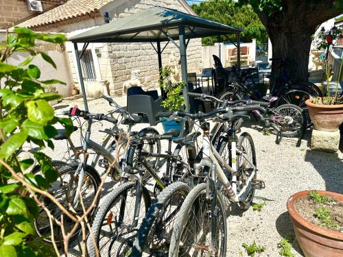 a group of bikes parked under an umbrella at Les Appartements du Mas - Aventurine in Aigues-Mortes