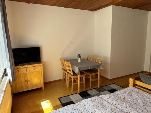 a dining room with a table and a television at Penzion Lukeš in Vítkovice