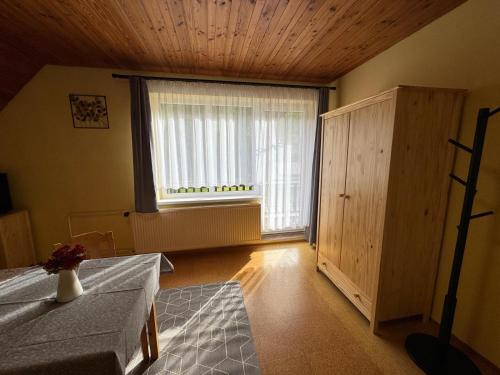 a bedroom with a window and a bed and a dresser at Penzion Lukeš in Vítkovice