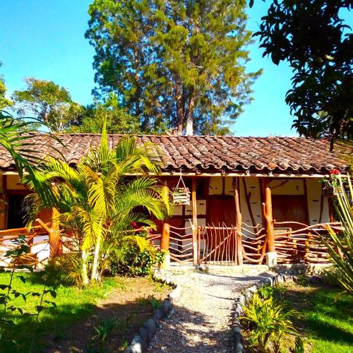 a house with a thatched roof and palm trees at Hotel La Casa de Francois in San Agustín