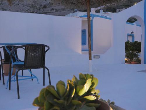 a table and a chair and a plant in a room at Ancient Thera Apartments in Kamari