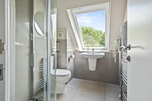 a bathroom with a toilet and a sink and a window at One-bed central retreat in Brockenhurst in Brockenhurst