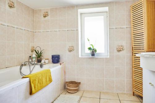 DrulheにあるLe Nid du Colibriのバスルーム(バスタブ付)、窓が備わります。