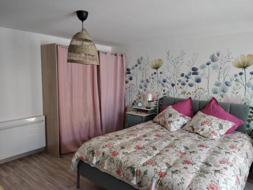 - une chambre avec un lit et un rideau rose dans l'établissement Magnifique hébergement en Rez de jardin, à Joigny-sur-Meuse