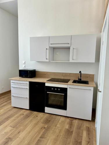 Il comprend une cuisine avec des appareils blancs et noirs et du parquet. dans l'établissement La Suite Blue, à Douai