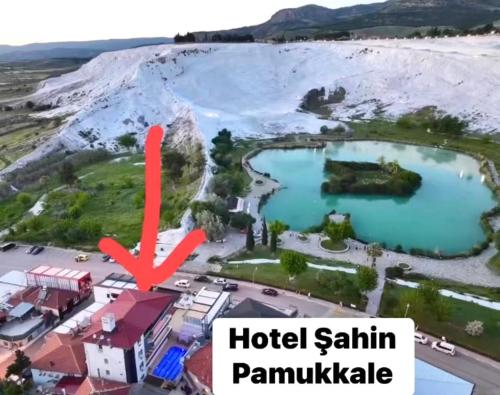 an aerial view of a hotel salinity panimka lake at Pamukkale Sahin Hotel in Pamukkale