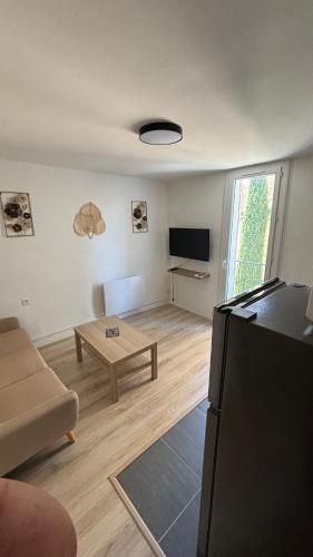 a living room with a couch and a tv at Bel appartement cœur de village in Saint-André-de-Sangonis