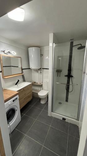 une salle de bain avec douche et machine à laver dans l'établissement Bel appartement cœur de village, à Saint-André-de-Sangonis