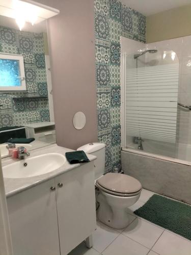 une salle de bain avec toilettes, lavabo et douche dans l'établissement Studio proche gare Saint brieuc, à Saint-Brieuc