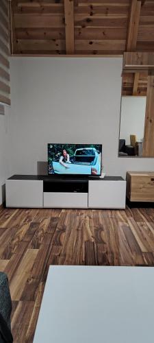 a living room with a tv on a white wall at Planinski san in Žabljak