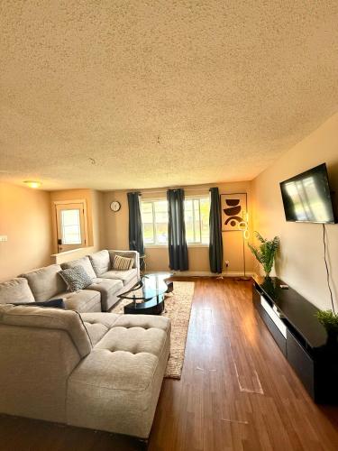 a living room with a couch and a tv at The house Londonderry mall in Edmonton