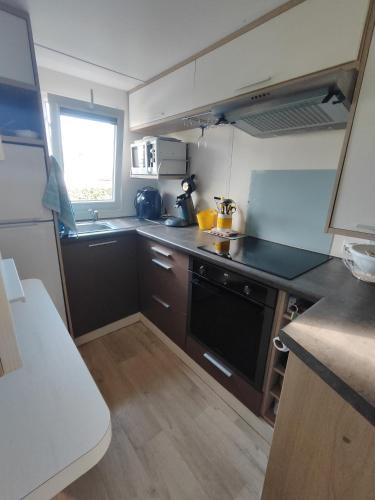 une petite cuisine avec un évier et une cuisinière dans l'établissement Agréable mobil home 4 personnes, à Saint-Aygulf