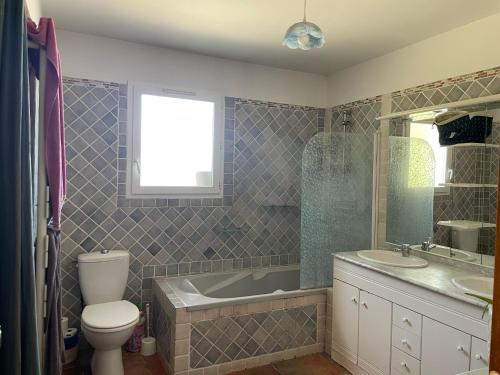 une salle de bain avec une baignoire, des toilettes et un lavabo dans l'établissement Maison Shiva - Dracénie Experience, à Trans-en-Provence